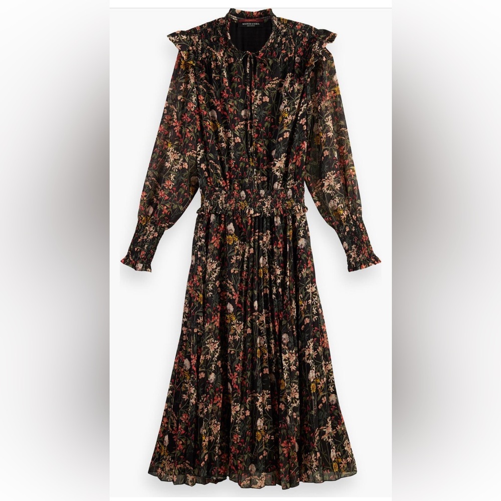Scotch & Soda Boho Printed Smocked Midi Dress - Meadow Deep Raspberry M